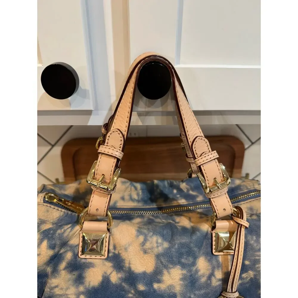 Michael Kors blue beige tie-dye Grayson satchel tan leather trim gold hardware
